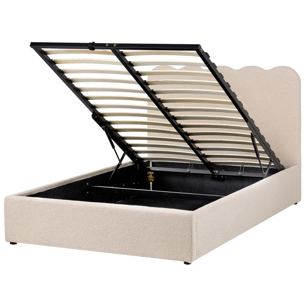 Letto in bouclé imbottito color beige 120 x 200 cm contenitore elevabile con testiera e rete a doghe