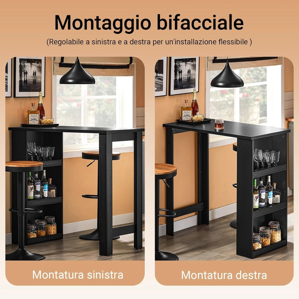 Tavolo Alto da Cucina, Tavolo da Bar Moderno con Ripiani di Stoccaggio, Design Salvaspazio per Cucina Piccola, Soggiorno, Angolo Bar o Studio Nero 112 x 57 x 106 cm FWT17-II-SCH