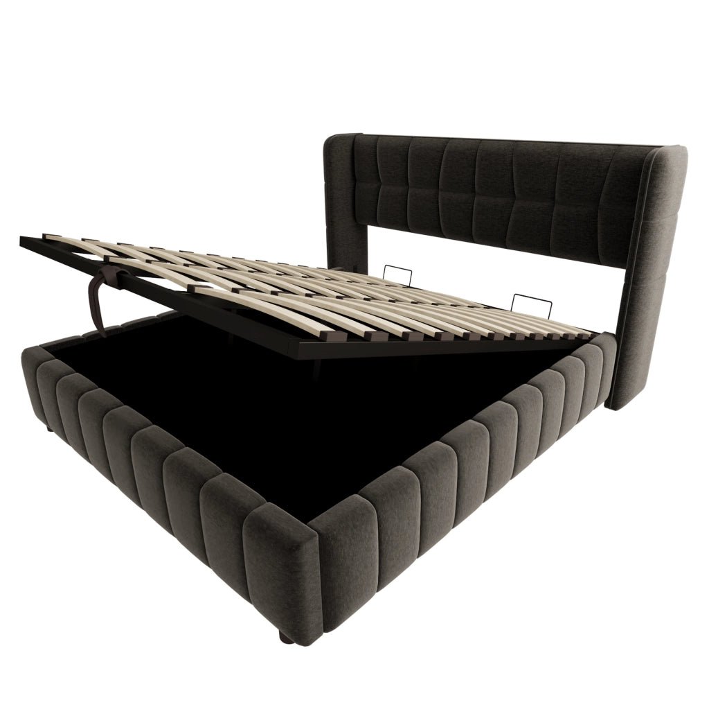 Letto contenitore imbottito 180x200 cm con rete a doghe e testiera grigio
