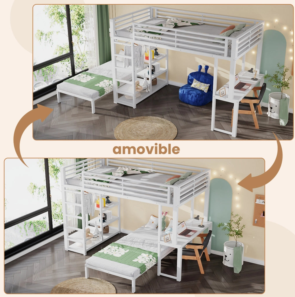 Letto a soppalco 90x200 cm con scrivania; 4 ripiani e vano abiti; MDF e metallo; bianco