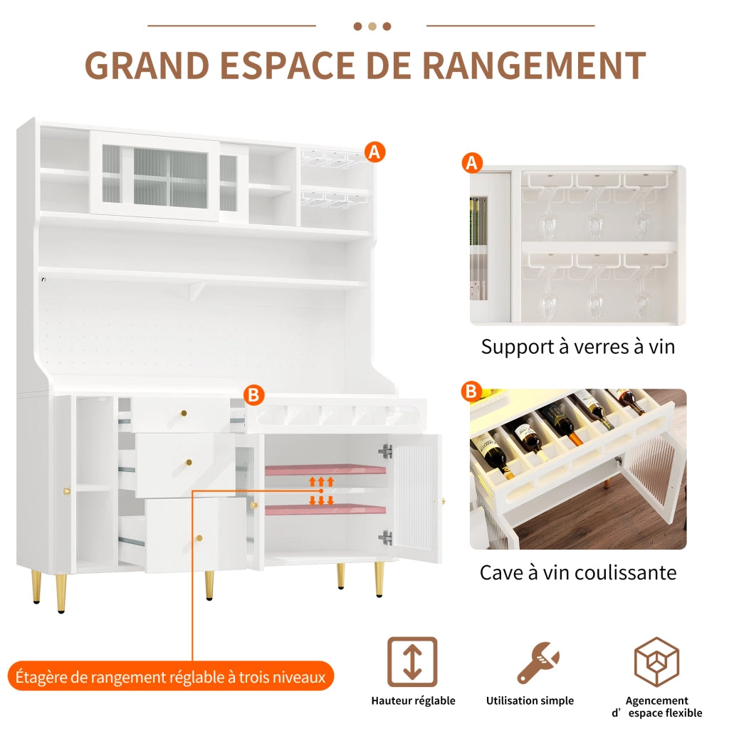 Credenza Alta da Cucina con Ante Scorrevoli in Vetro; Cassetto; Ripiani Regolabili; LED; Portabicchieri; Bianco 145x39x171 cm