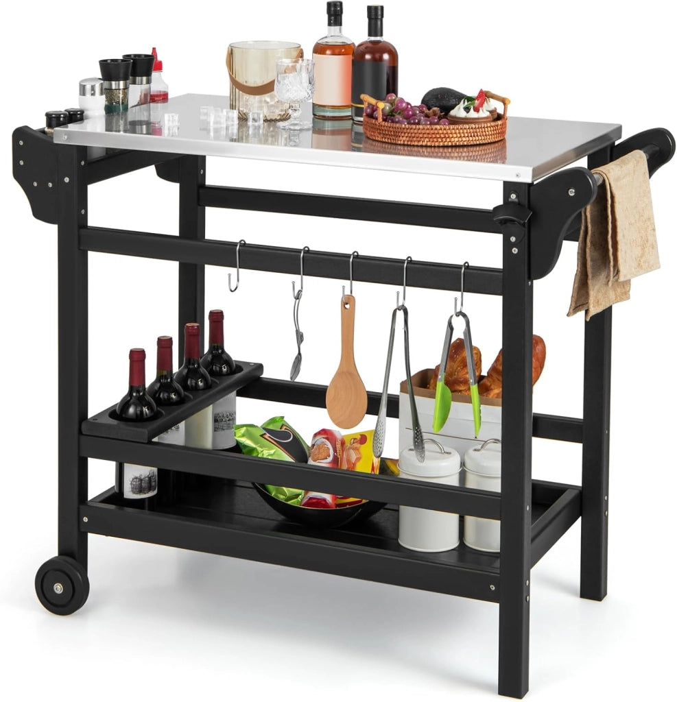 Carrello Barbecue da Esterno, Stand per Forno a Pizza con Piano in Acciaio Inox Vassoio e Portabottiglie, con Maniglia e Ruote per Cucina Giardino, Carico 150kg, 105x54x85 cm