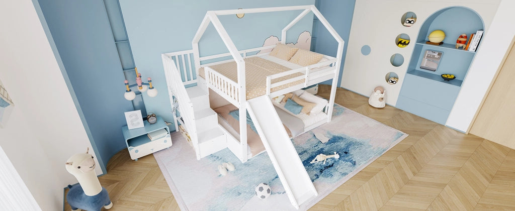 DESMIU Letto a castello casetta 140 × 200 cm 2 posti con scivolo, vano, senza materasso, bianco