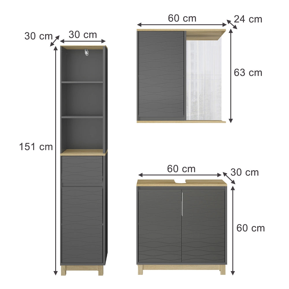 Vicco Set di mobili da bagno Antracite/quercia 3 parti, con colonna