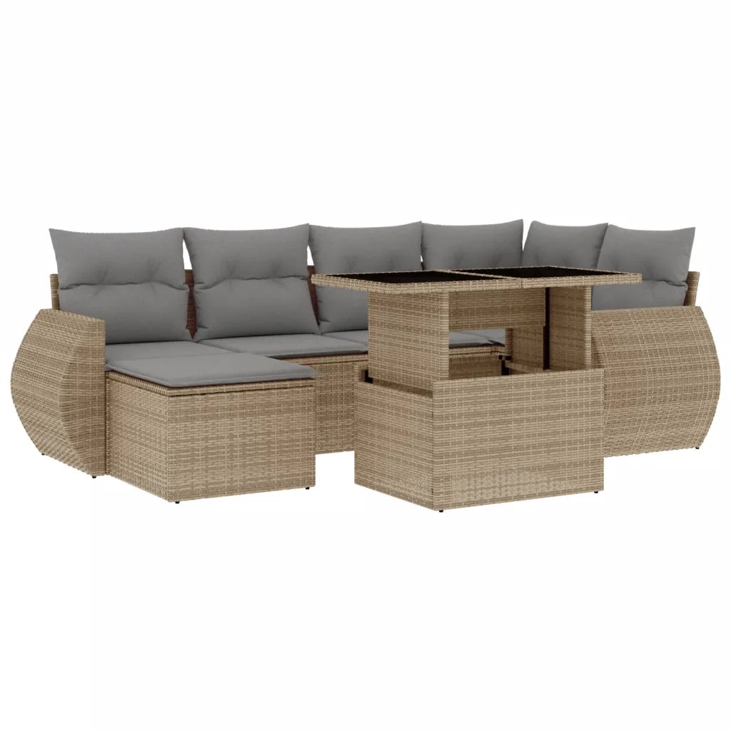 Set Divani da Giardino 7 pz con Cuscini Beige in Polyrattan