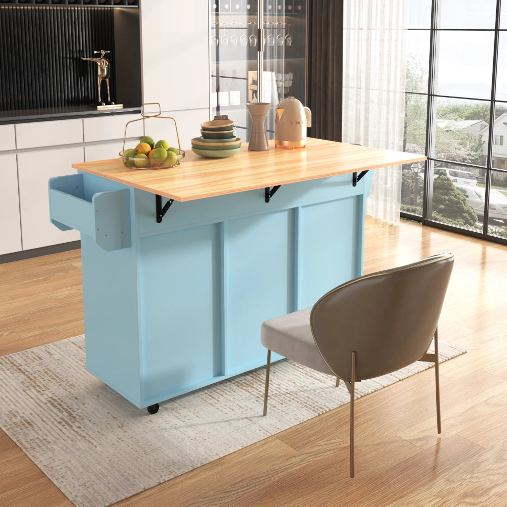 Carrello cucina con piano ribaltabile 139x46(71)x91,5 cm blu in MDF con ruote, cassetti e ripiani regolabili