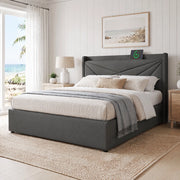 Letto matrimoniale 180x200 grigio con vano contenitore, testiera USB/Type-C e rete