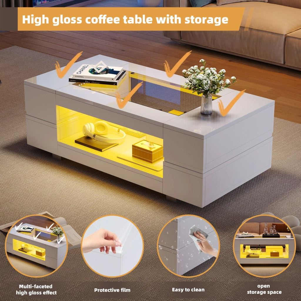 Tavolino da caffè con LED e 2 ripiani - per soggiorno - bianco - 100x50x35 cm