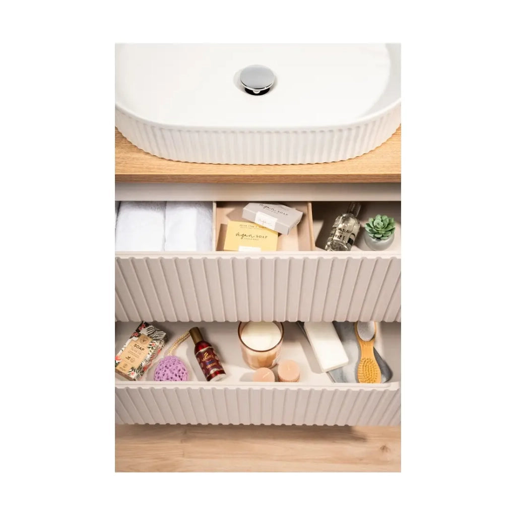 Set VANO cachemire e quercia 80cm: mobile sottolavabo con cassetti + piano per lavabo + lavabo da appoggio bianco scanalato