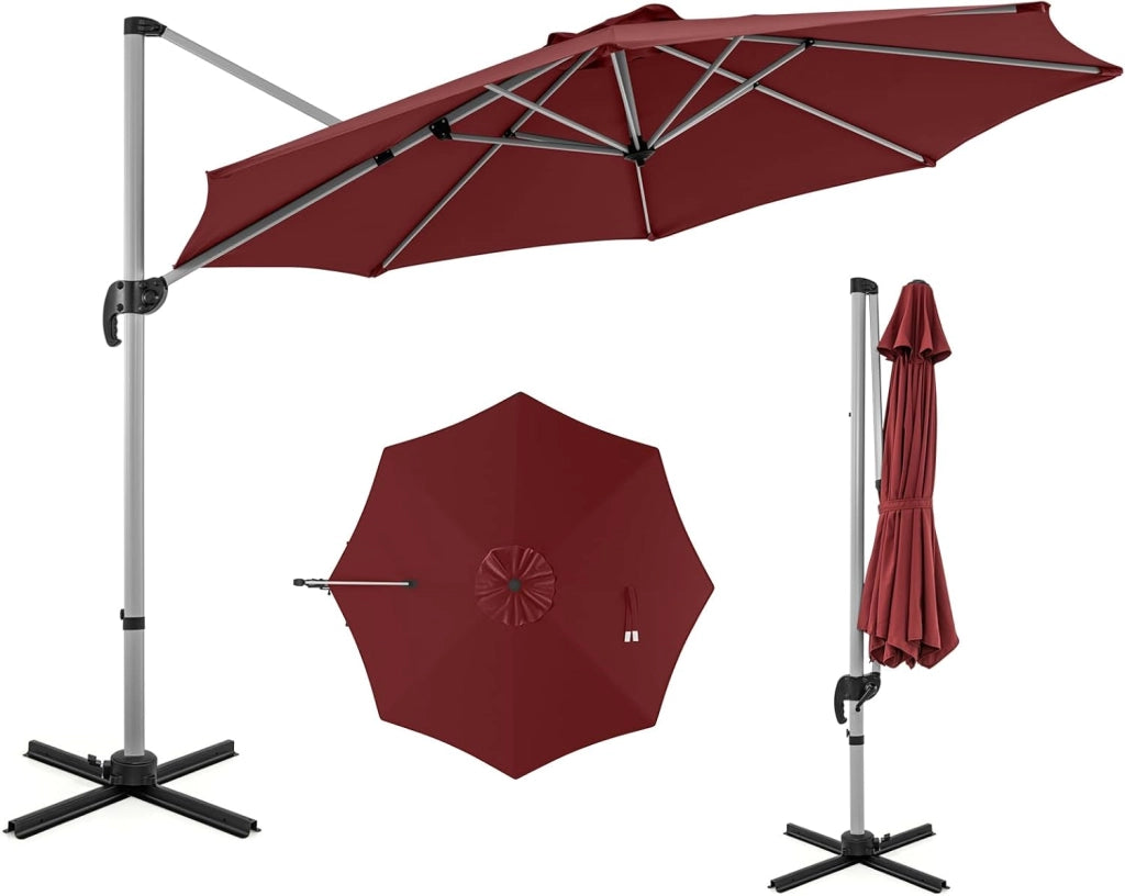 Ombrellone da Giardino 339 cm, Ombrello da Giardino Rotondo con Rotazione a 360°, Ombrellone da Giardino Inclinabile con Base, Ombrello da Sole per Giardino, Patio (Rosso)