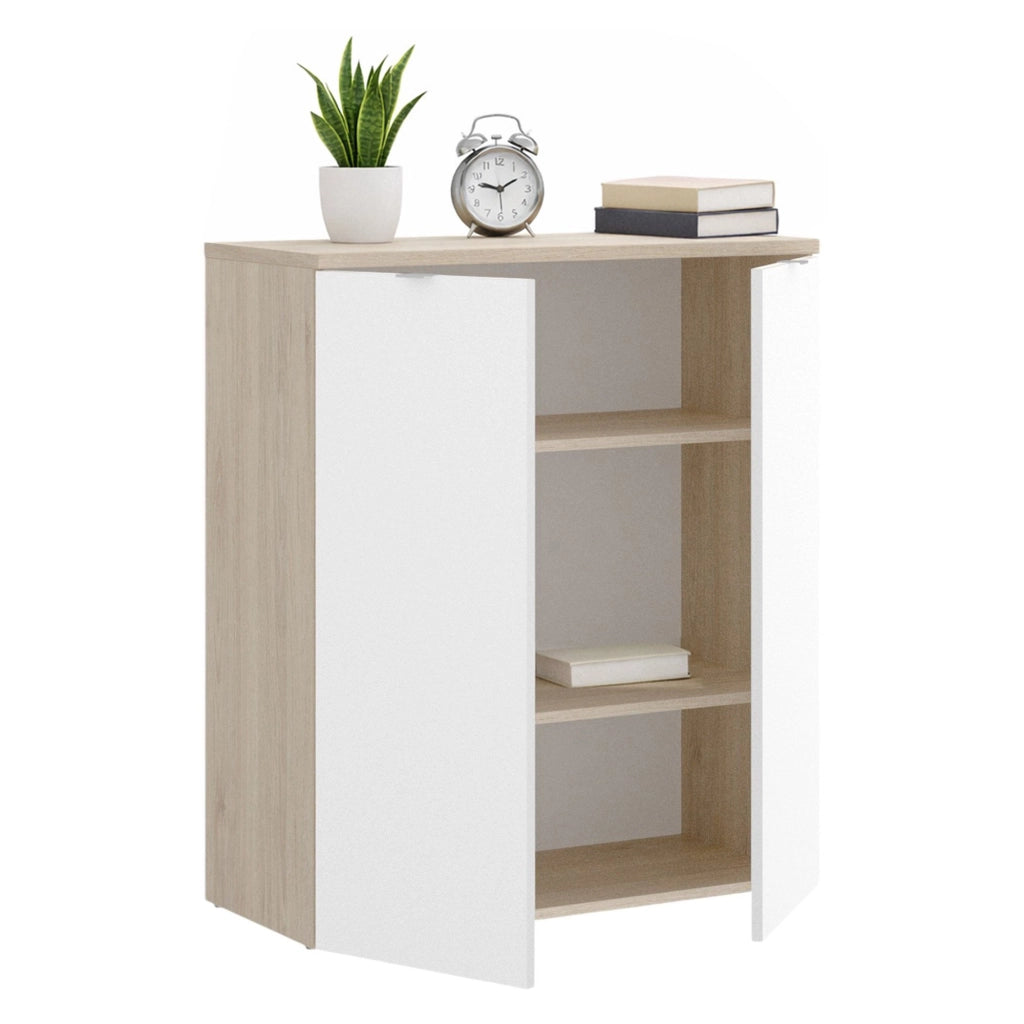 Armadio multiuso Alicha, Mobile basso multifunzione, Armadietto a 2 ante, 79x40h96 cm, Bianco e Rovere