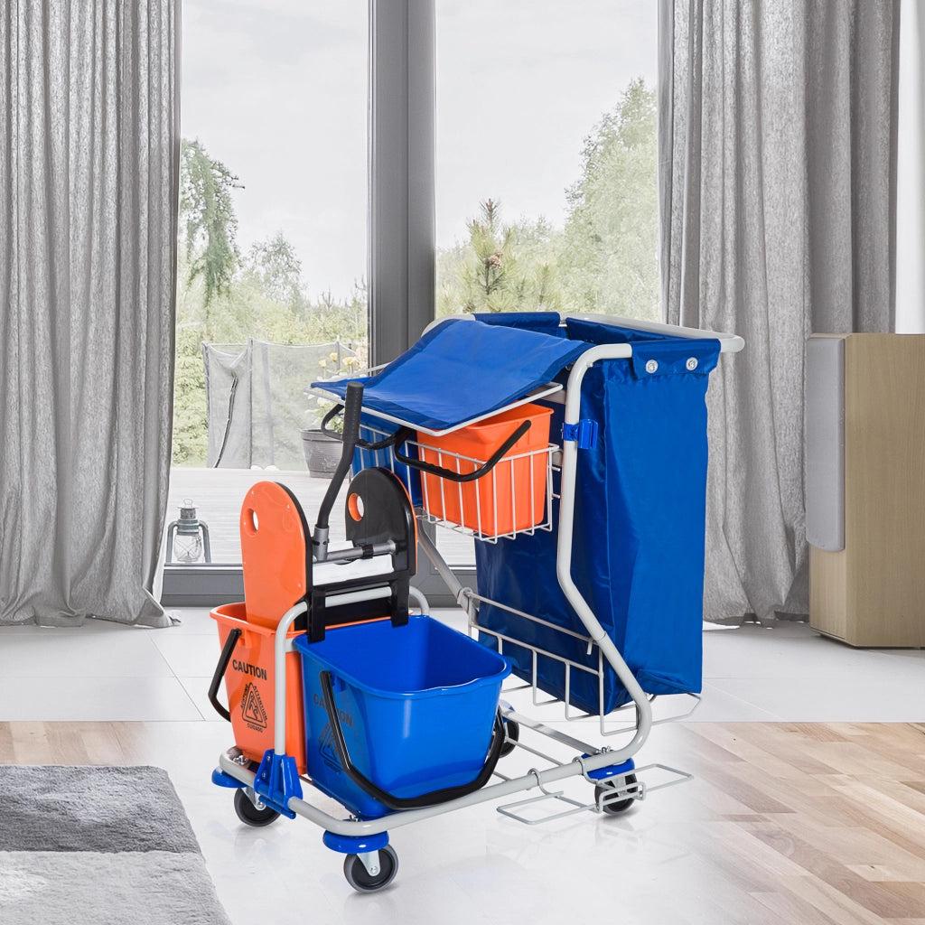 EasyComfort Carrello Pulizie Professionale con Sacco per Immondizia, 2 Secchi Lavapavimenti 18L, 2 Secchio Portaoggetti 6L, Strizzatore per Mocio, Gancio e Ruote per Hotel e Albergo, 93x80x97 cm, Arancione