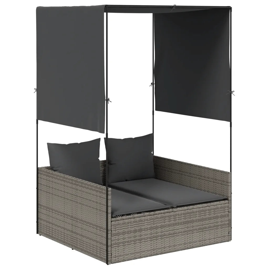Lettino Prendisole | Sdraio da giardino | Lettino da sole Doppio Tetto e Tende Grigio in Polyrattan