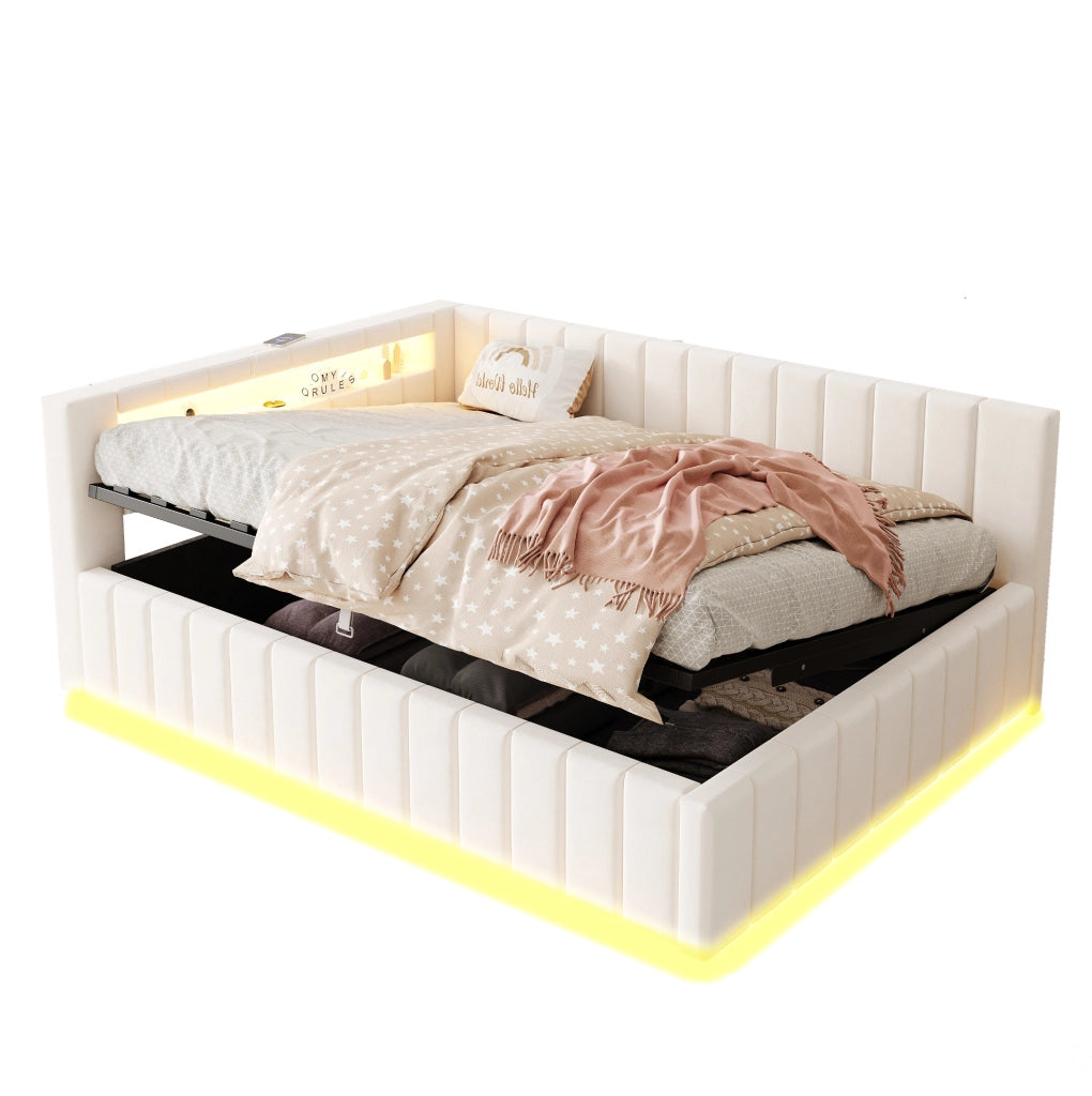 Letto imbottito 140x200 con contenitore idraulico, LED e USB beige