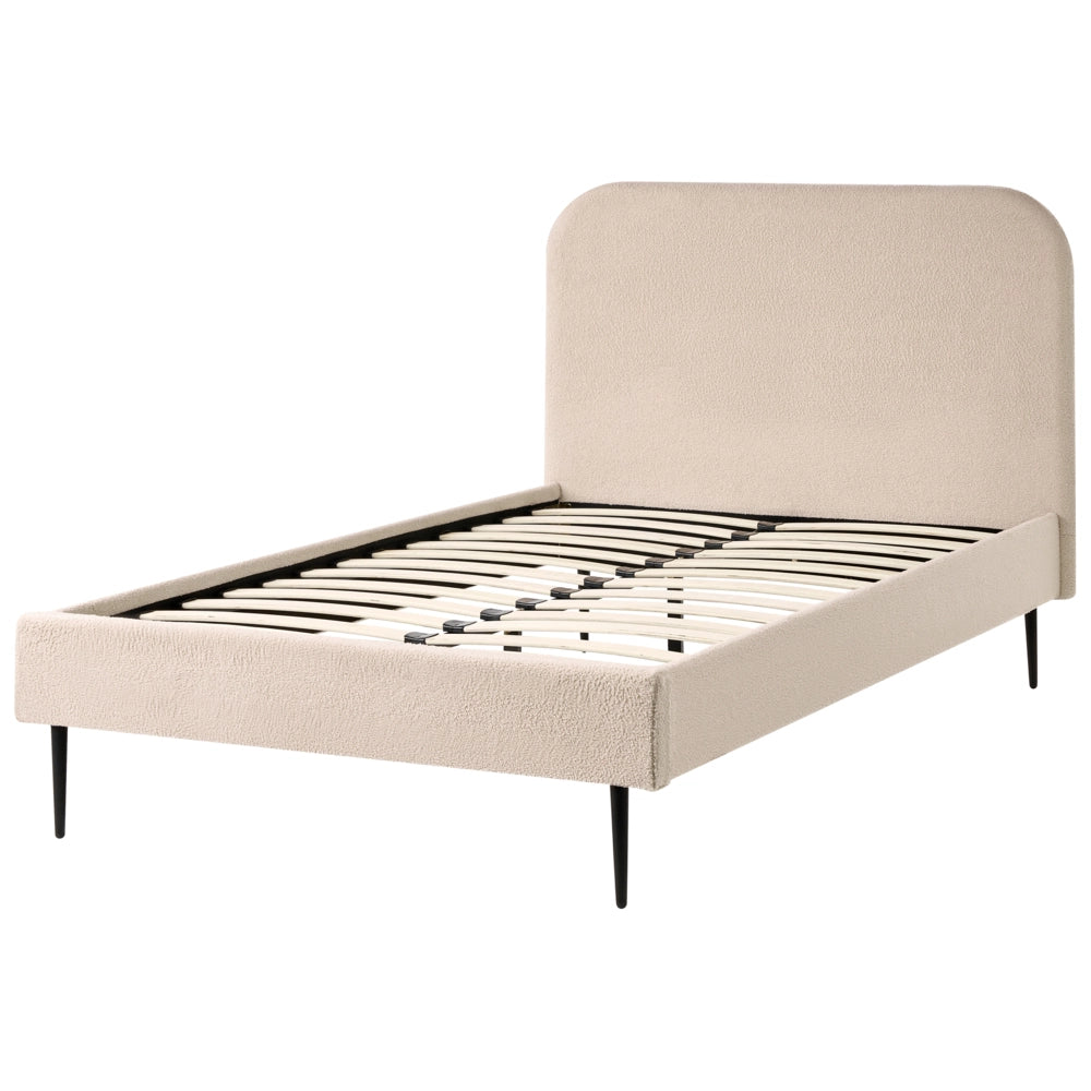 Letto beige bouclè tappezzeria doppia dimensione gambe dorate testiera con rete a doghe 120 x 200 cm design minimalista