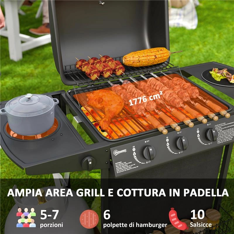 BARBECUE A GAS CON 4 BRUCIATORI INDIPENDENTI E COPERCHIO CON TERMOMETRO 108X54X97 CM NERO