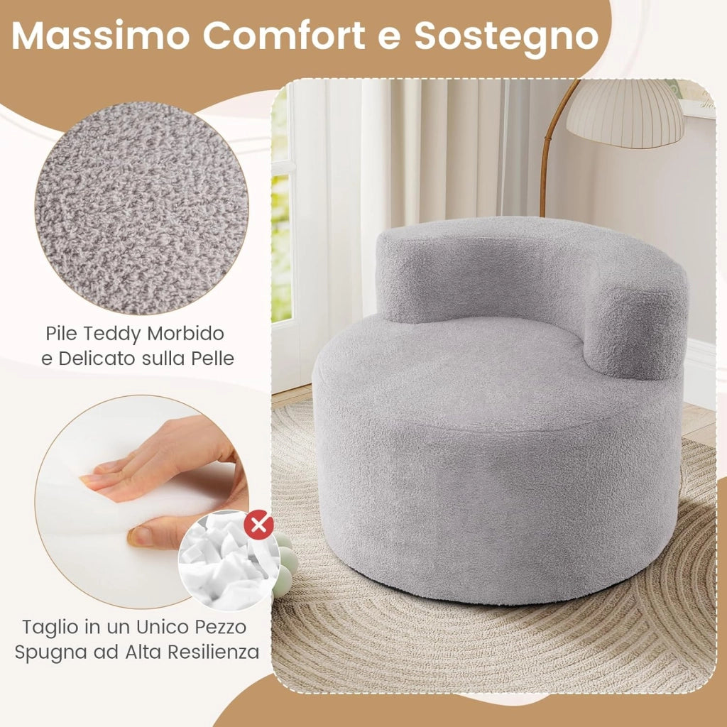 Poltrona Pouf a Sacco, Divano da Pavimento a Forma di Luna con Morbido Tessuto, Spugna ad Alta Resilienza e Schienale Curvo, Divano Rotondo per Salotto, Camera da Letto e Soggiorno (Grigio)