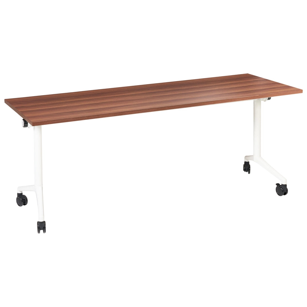 Scrivania rettangolare pieghevole con rotelle portatile con struttura in metallo marrone scuro e bianco 180 x 60 cm stile moderno