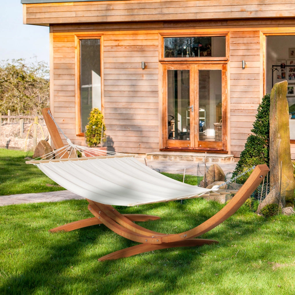Amaca da Giardino 392x120x102 cm con Supporto in Legno di Pino e Cotone Bianca