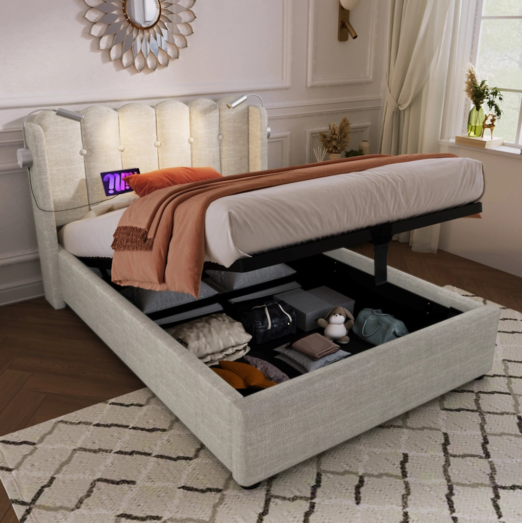 Letto singolo imbottito 90x200 cm in lino beige con luce da lettura; USB e contenitore