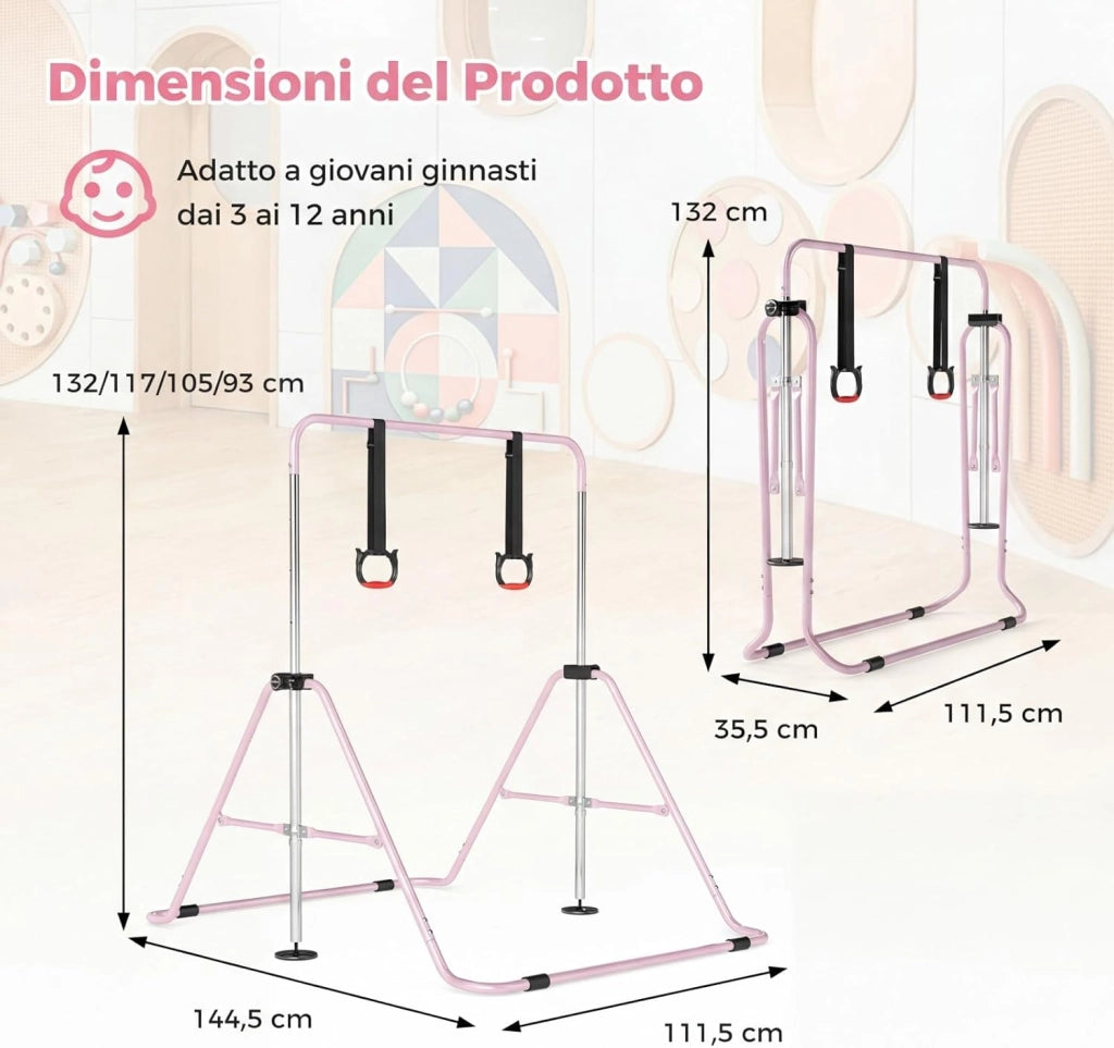 COSTWAY Sbarra Ginnastica Pieghevole per Bambini, Barra Ginnastica per Casa Regolabile a 4 Livelli con Anelli e Cuscinetti Antiscivolo, Attrezzatura Ginnastica per Bambini 3-12 Anni