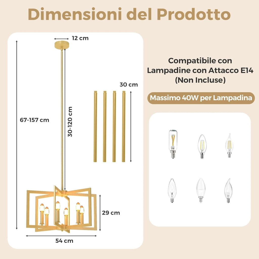 Lampadario a Sospensione a 6 Luci, Lampada a Sospensione Geometrica Moderna in Metallo Industriale con Altezza Regolabile, Lampada da Soffitto per Cucina, Salotto e Camera da Letto (Oro)