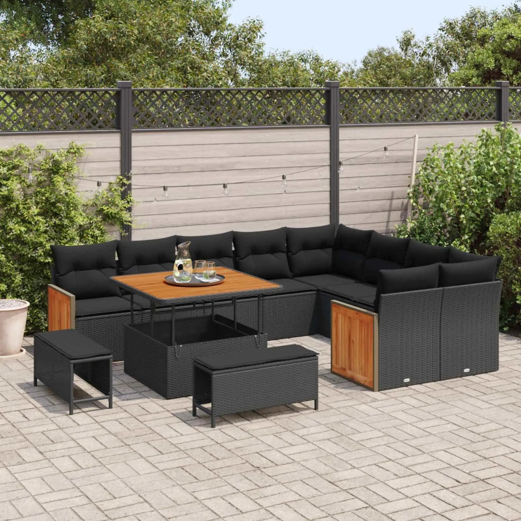 Set Divano da Giardino con cuscino 13 pcs Nero polyrattan