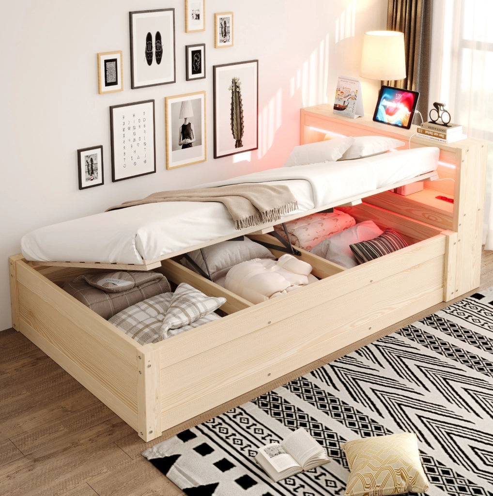 Letto multifunzione 90x200 cm con presa integrata; LED e contenitore idraulico; colore legno