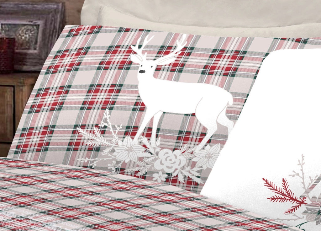 Completo Lenzuola Flanella Pensieri Delicati 100% Cotone Disegno Cervo Tartan - Singolo - Rosso