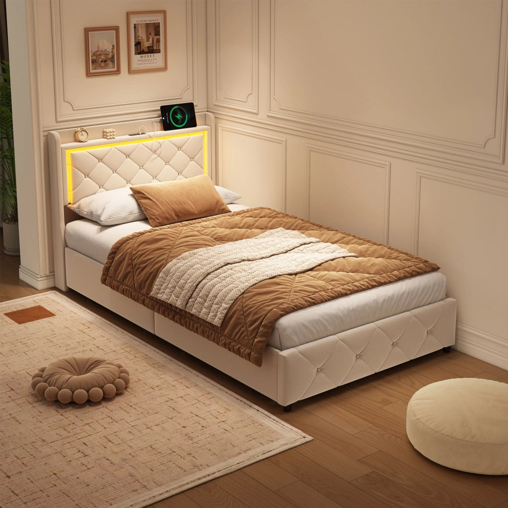 Letto singolo contenitore 90x200 cm in velluto beige, testiera trapuntata con luci RGB‑LED, controllo app e telecomando, sistema di sollevamento idraulico, senza materasso