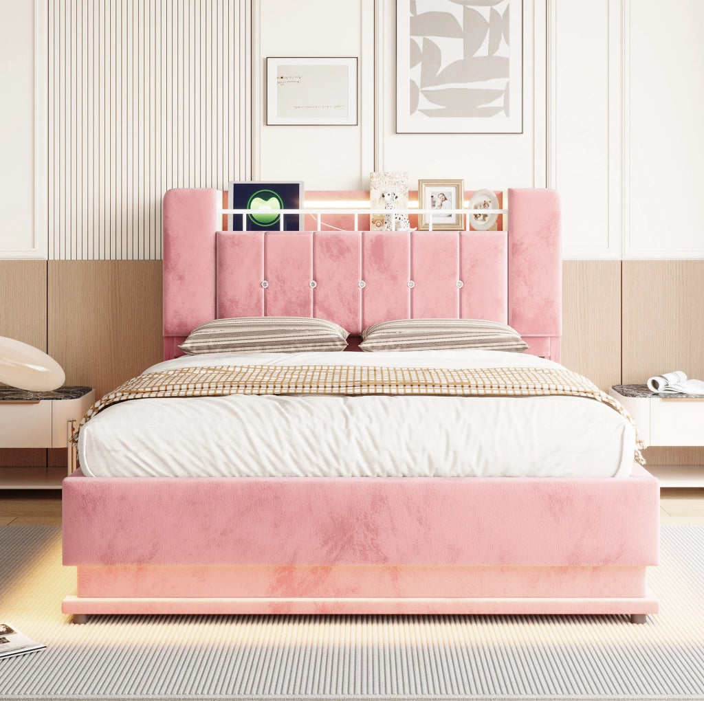Letto imbottito 140 x 200 cm con LED; USB e contenitore idraulico in velluto rosa
