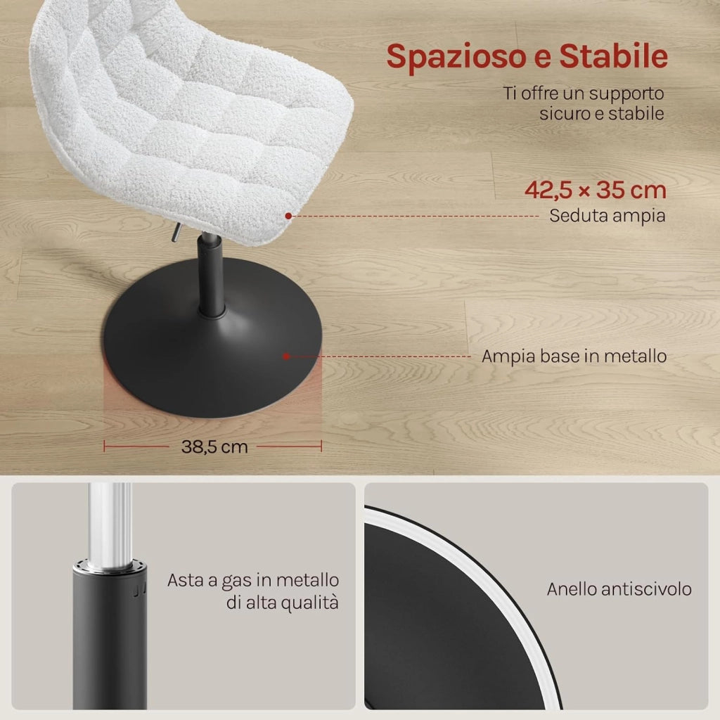 Sgabello per Toeletta Trucco, Sedia da Trucco con Schienale Regolabile in Altezza, Seduta in Ciniglia, Base Metallo, per Cucina, Camera da Letto, Bianco, BH408ws-1