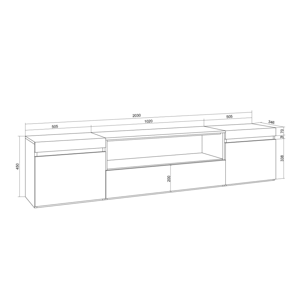 Mobile TV Soggiorno, 200x45x35cm, Per TV fino a 80", Sospeso, da appendere, Bianco e Rovere soft