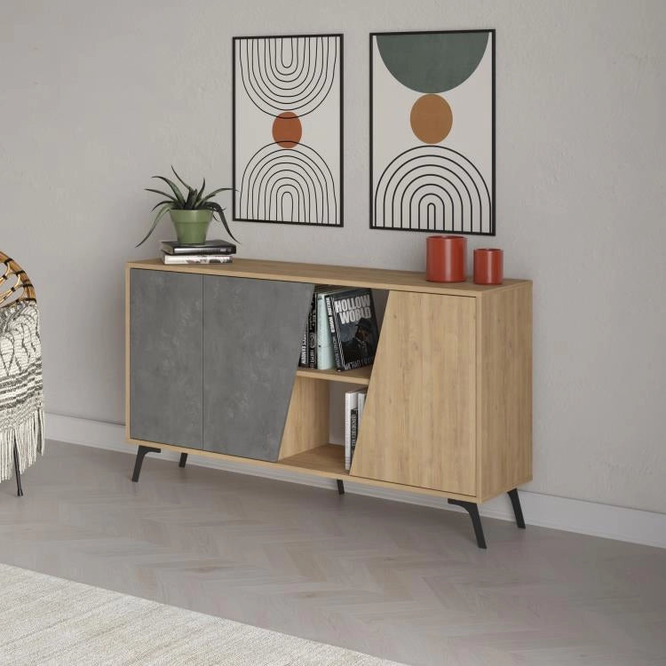 Madia Moderna Credenza Fiona 150x36x82 cm Design Anta Obliqua Grigio Retrò e Zaffiro di Quercia