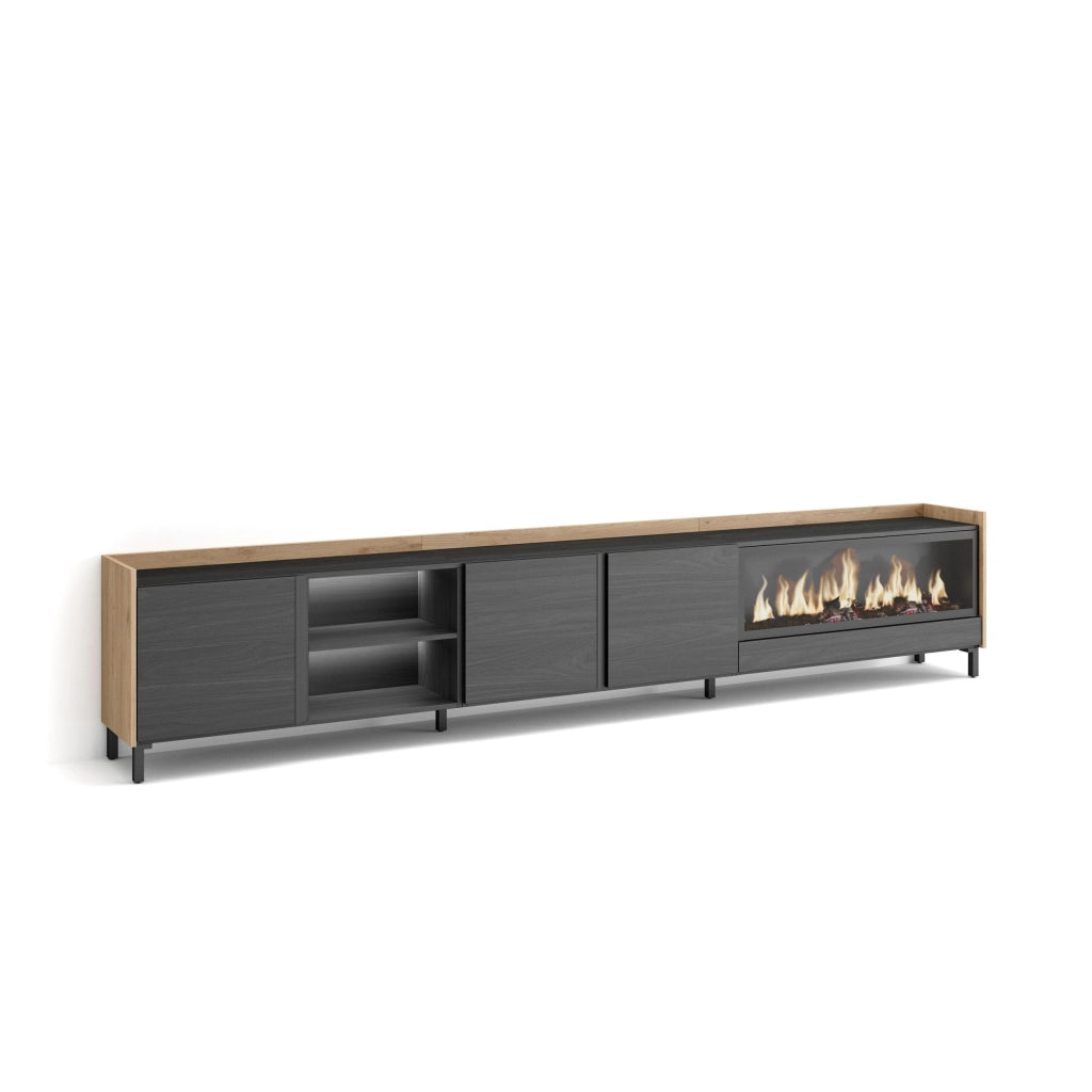 Mobile TV Soggiorno, 315x61x35 cm, Per TV fino a 80", Camino elettrico XXL, Design industriale, LED, Nero e rovere