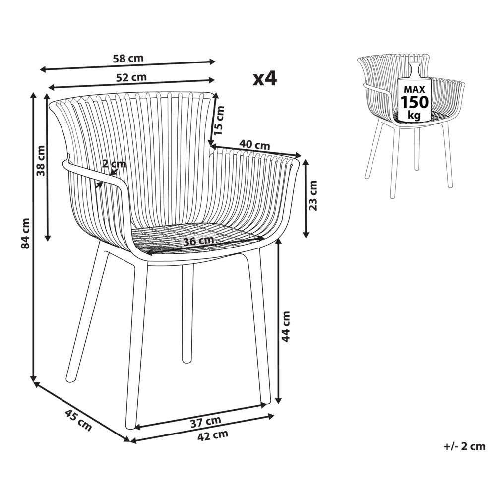 Set di 4 sedie da pranzo in plastica nera per interni ed esterni da giardino con braccioli in stile minimalista