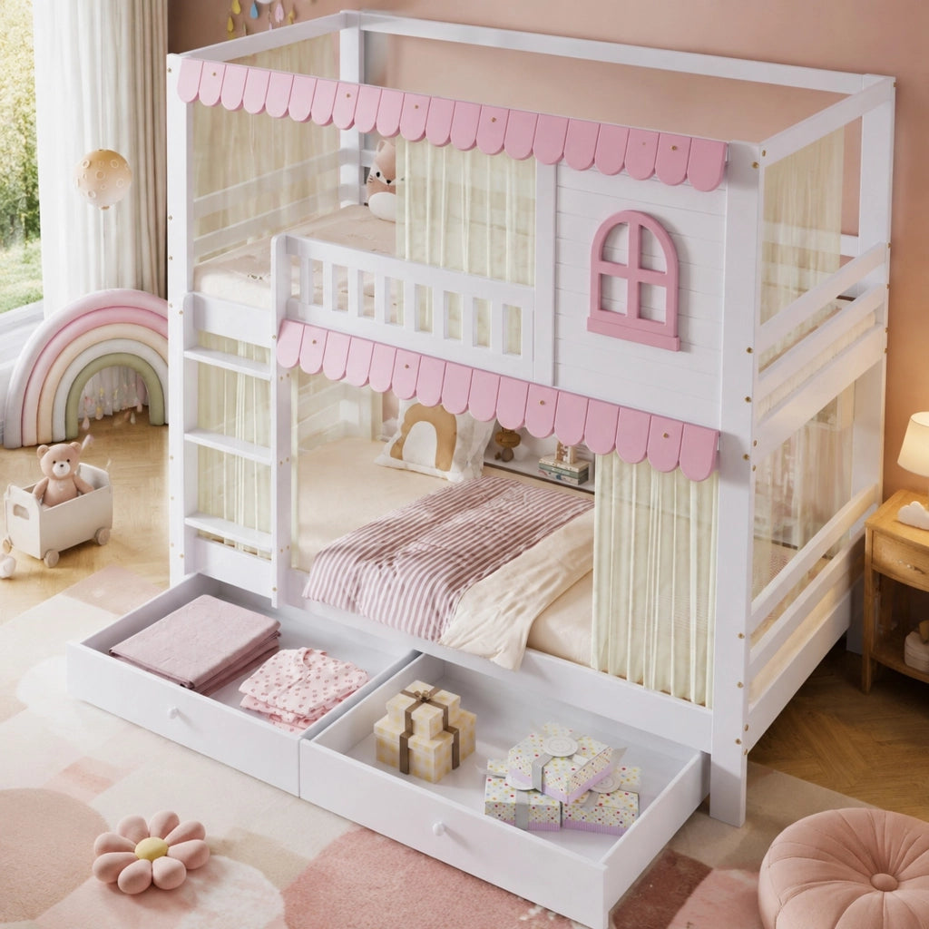 Letto a castello per bambini 90x200 cm bianco e rosa