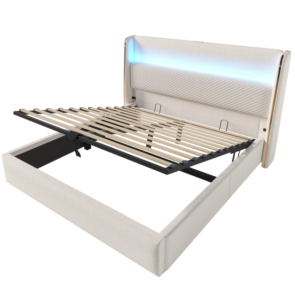 Letto matrimoniale 140x200 cm con testiera alta; LED; contenitore; USB e Tipo C; beige; con materasso