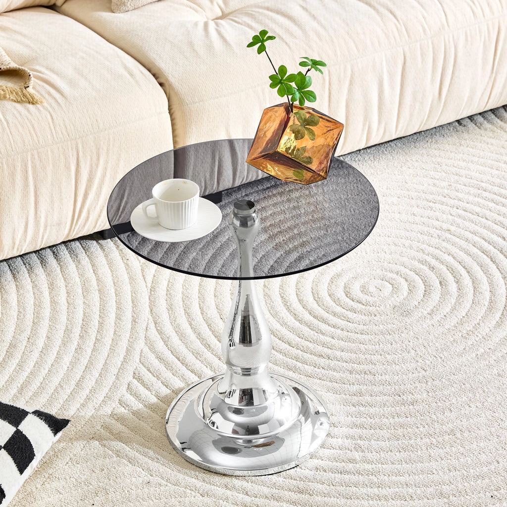 Tavolino basso rotondo in vetro temperato con base in metallo per soggiorno e camera da letto argento 50 × 51,5 cm