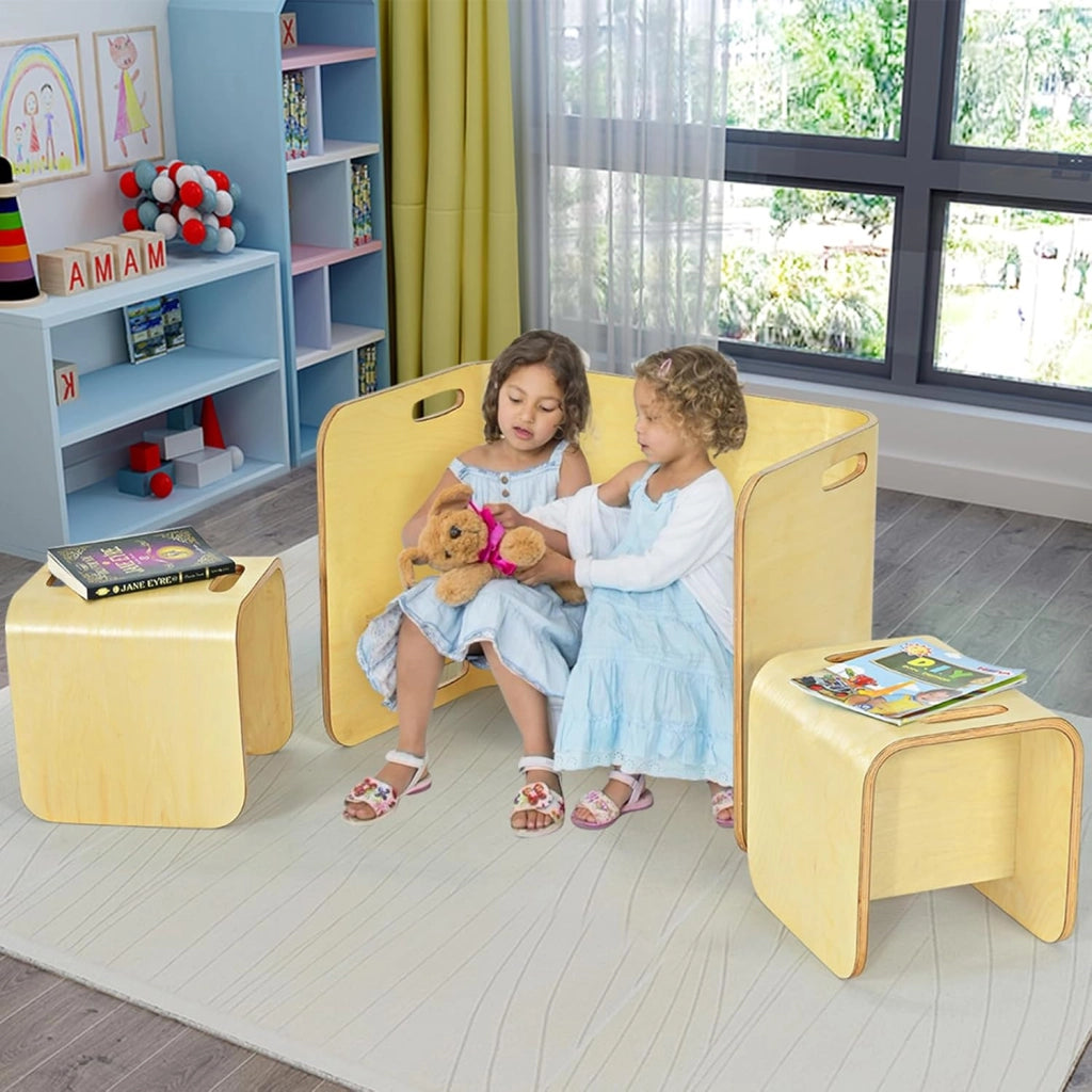 COSTWAY Set Tavolo e 2 Sedie per Bambini 2-9 Anni, Set Multiuso in Legno di Faggio con Maniglie Ergonomiche, Design Salvaspazio, Senza Montaggio, Portata 100 kg (Naturale)