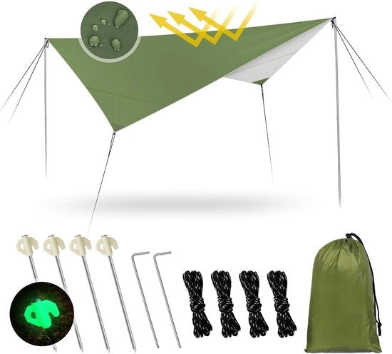 Tarpaulino acquaplastico 3,4 x 2,6 m per camping - Ultraleggero e trasportabile - Protezione UV - Incluso cavi paracorda, chiodi e lanterne - Adatto per tenda esterna