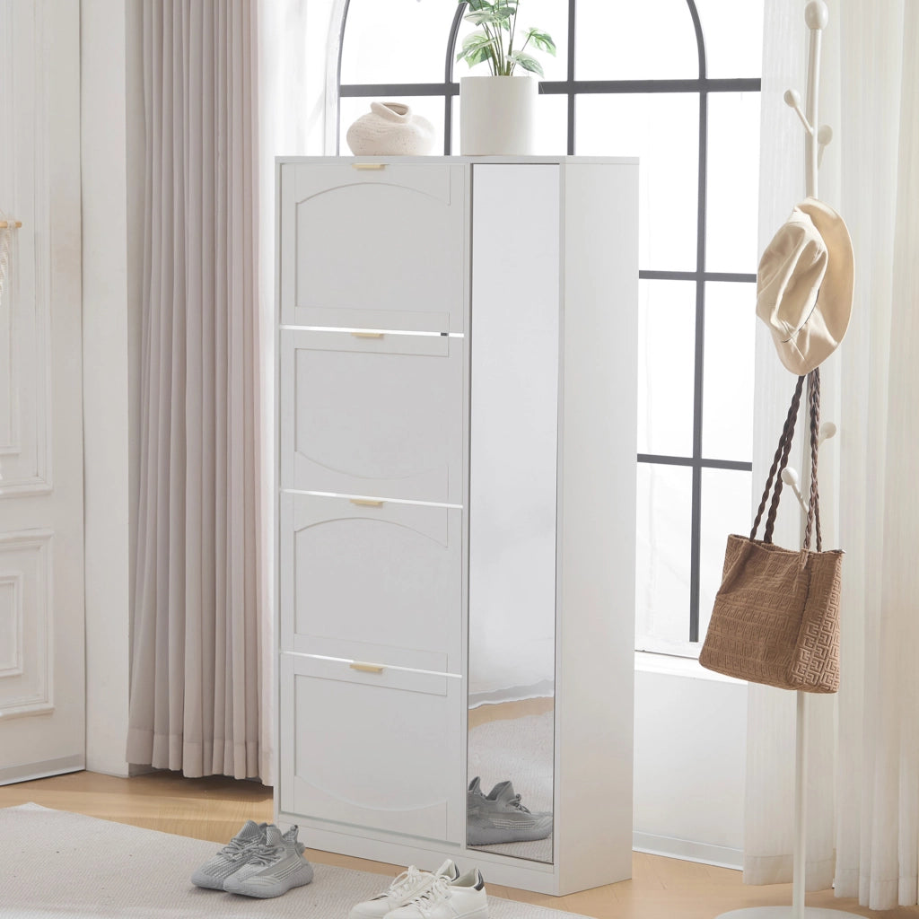 Mobile portascarpe con specchio, 4 vani contenitore estraibili, ripiani regolabili, bianco, 80x24x147 cm