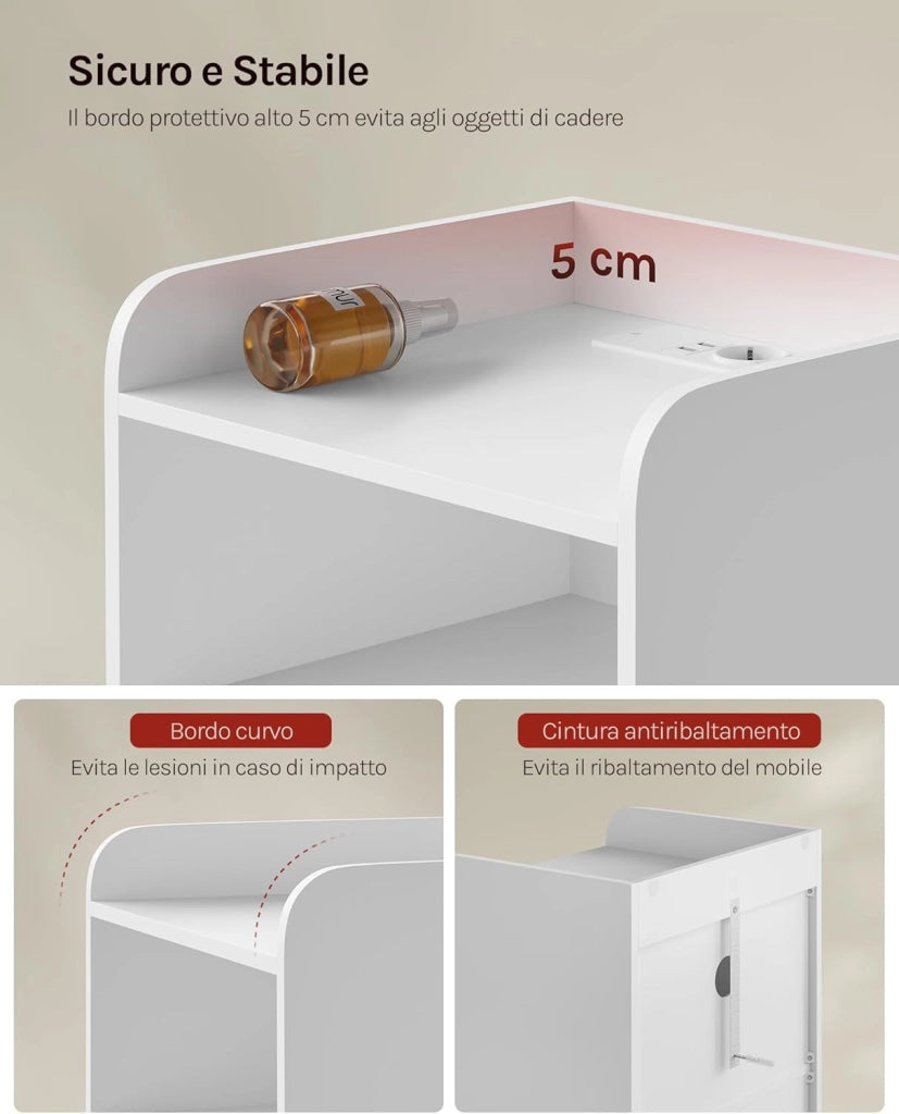 Set di 2 Comodino con Stazione di Ricarica, Prese, Porte USB, Tavolino con Luci LED Regolabile, Cassettiera con Cassetti e Scomparto, 40x35x64cm, per Camera da Letto, in Legno, Bianco NTS07ws-2
