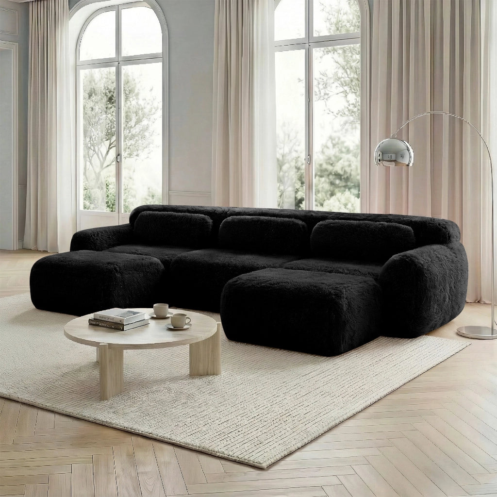 Divano Modulare a U con Design Ergonomico e Pouf Modulare, Base Antiscivolo, in Peluche Nero