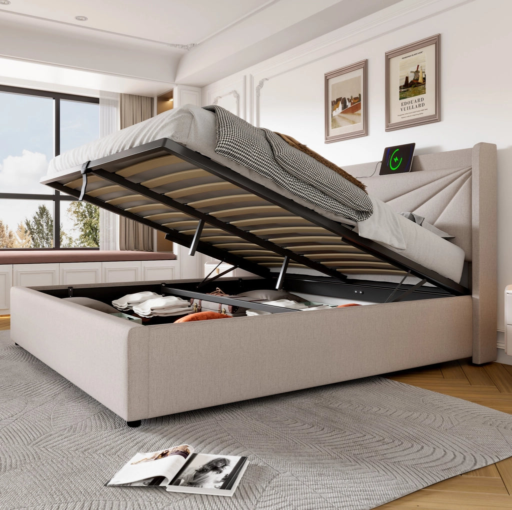Letto matrimoniale 140x200 cm con contenitore, testiera USB e Type-C, beige