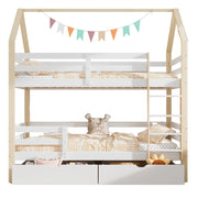 Letto a Castello 90x200 cm; 2 Posti; con Sponde e Cassetti in Legno Massello Bianco Rovere