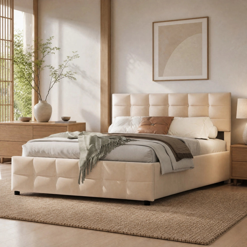 Letto imbottito 180 × 200 cm 2 posti con contenitore idraulico, senza materasso, in velluto beige