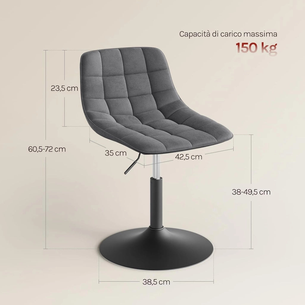 Sgabello da Trucco Sedia Alta da Cucina con Schienale Altezza Regolabile Girevole 360° in Velluto Grigio Scuro, 38-49.5cm
