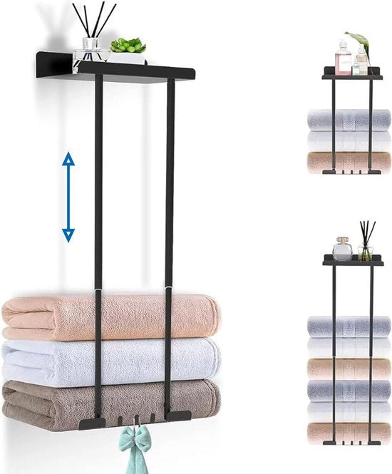 Sostegno asciugamano senza perforazione, retrattile, 38-75 cm, sostegno asciugamano, acciaio inox, nero, con spugna per bagno, cucina, sostegno asciugamano per parete