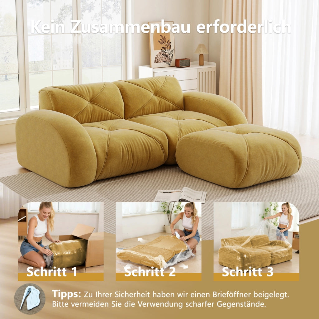 Divano modulare 2 posti con pouf in chenille e struttura in schiuma 32D senza telaio giallo